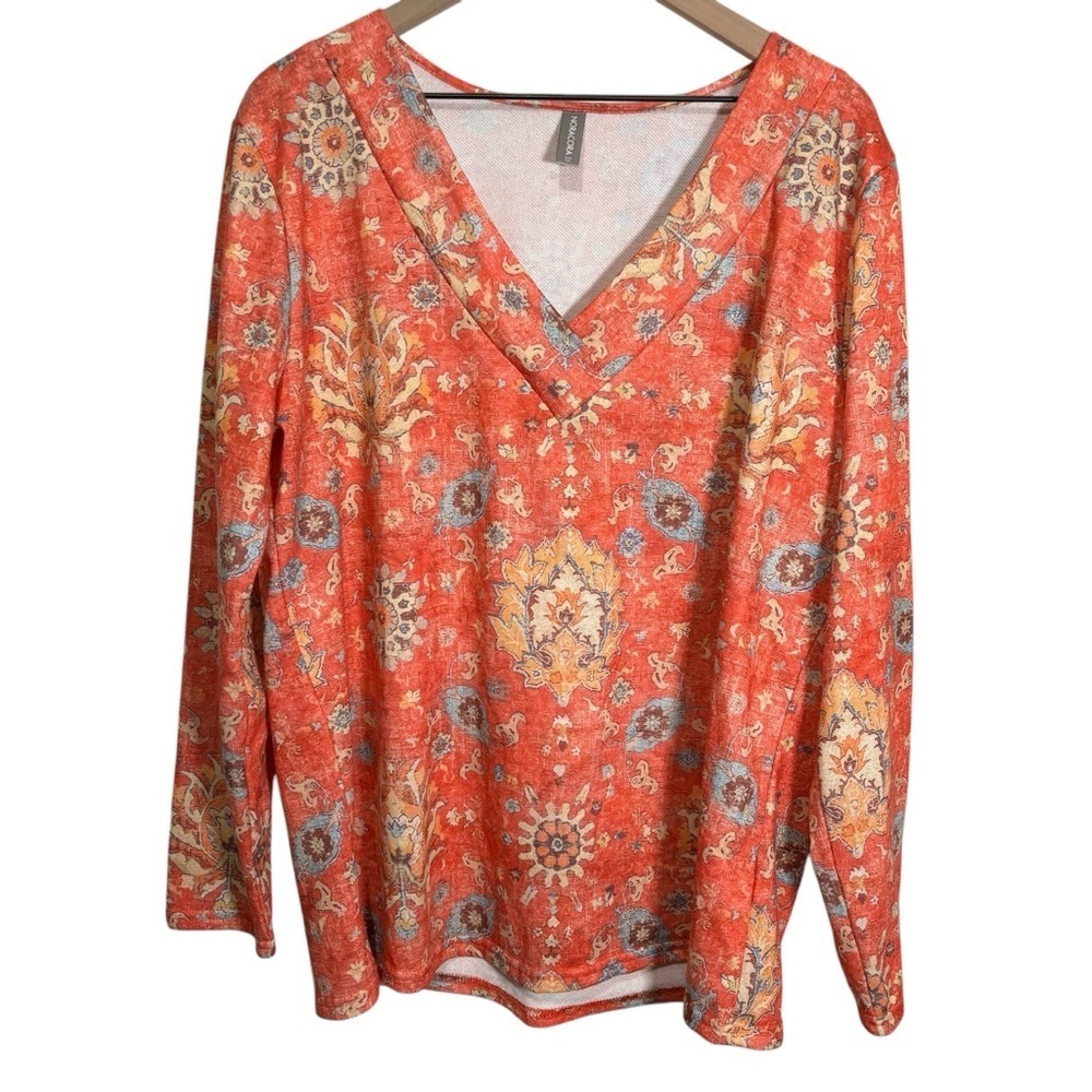 Boho Chic Floral V-Neck Top XXL Multicolor Long Sleeve Pullover Bohemian Blouse